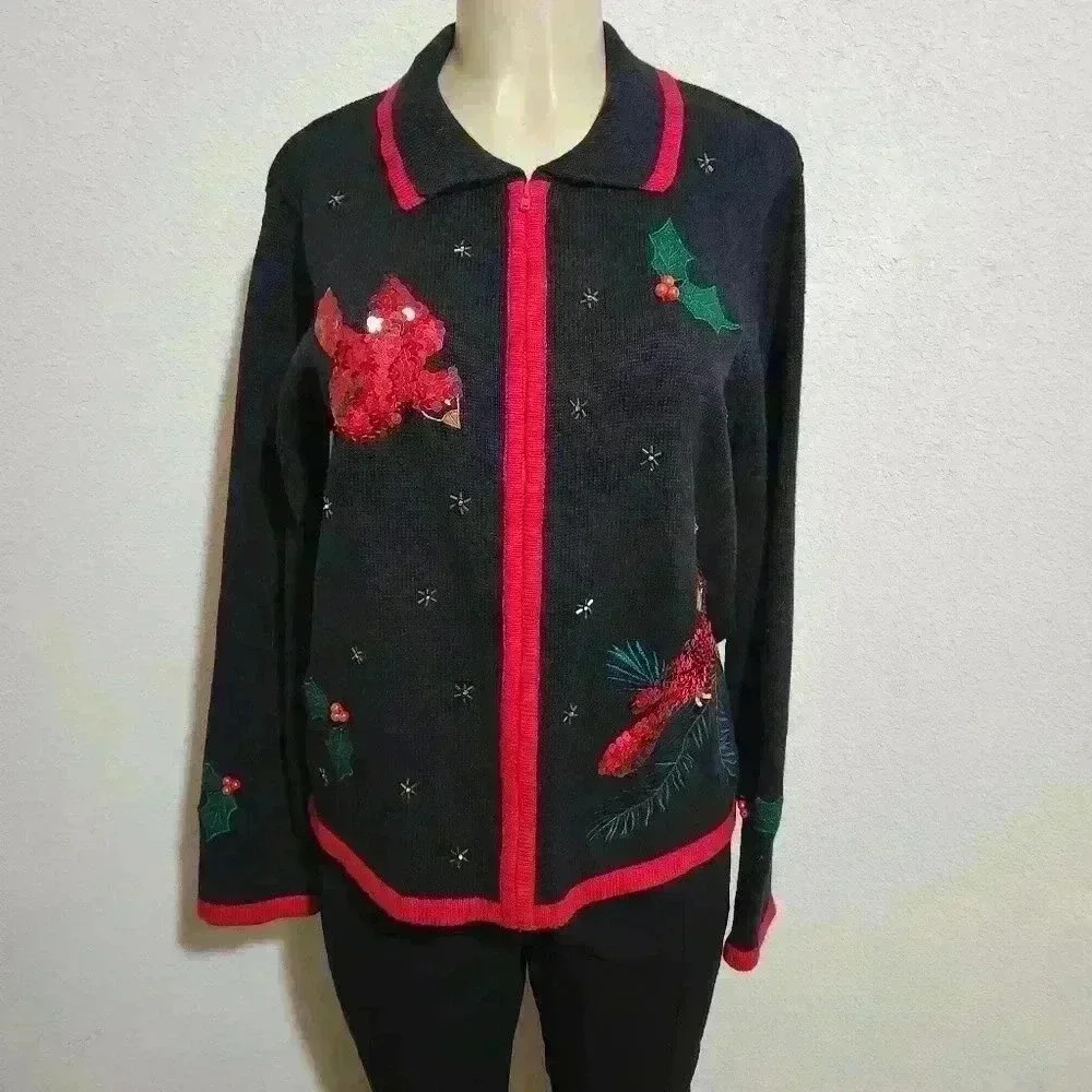Jason Maxwell Zip Up Cardigan Sweater Christmas Sequin Birds Mistletoe Size M - Picture 5 of 5